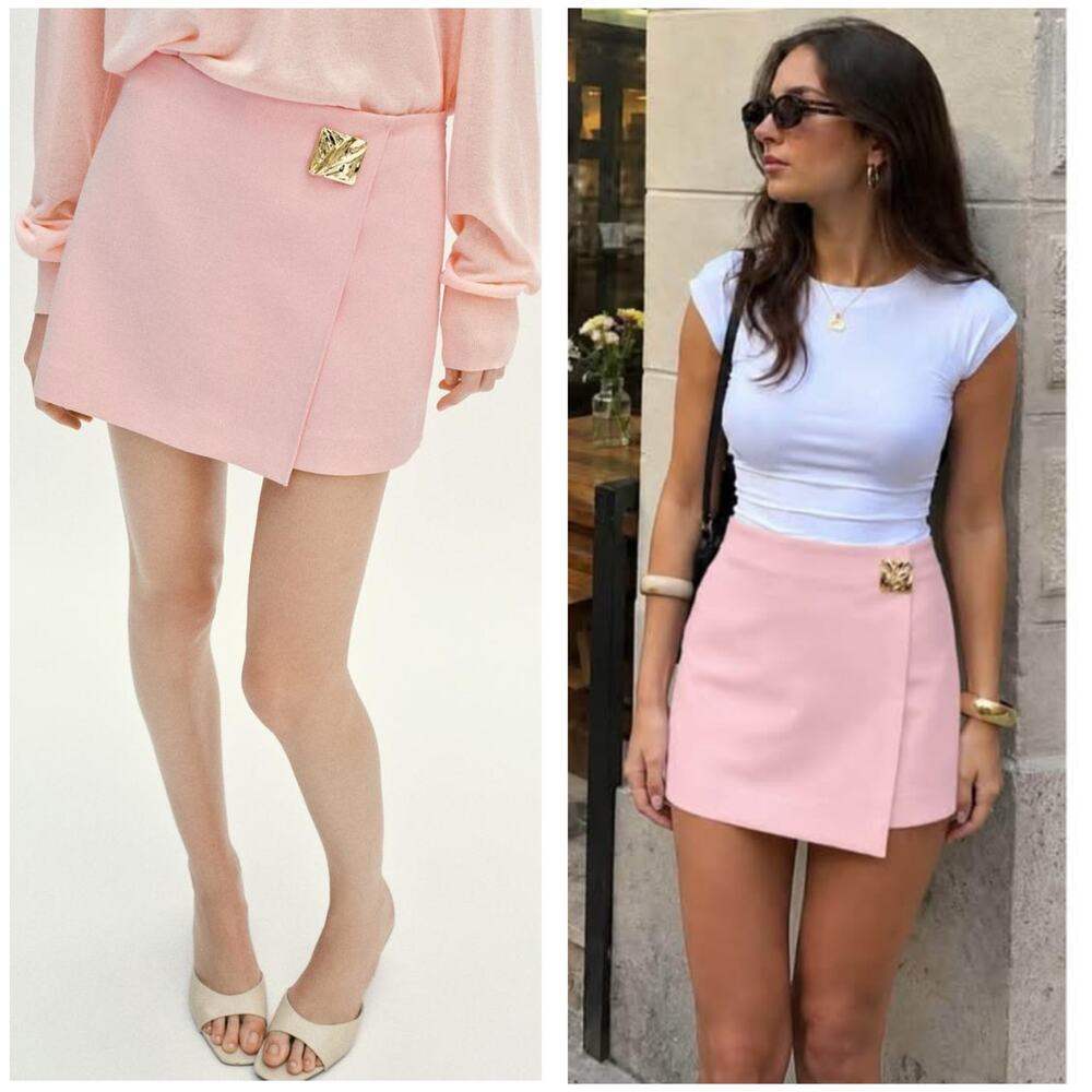 NWT Zara Pink Skort Gold Brooch Sz Small Micro Mini Preppy Quiet Luxury 1971/241